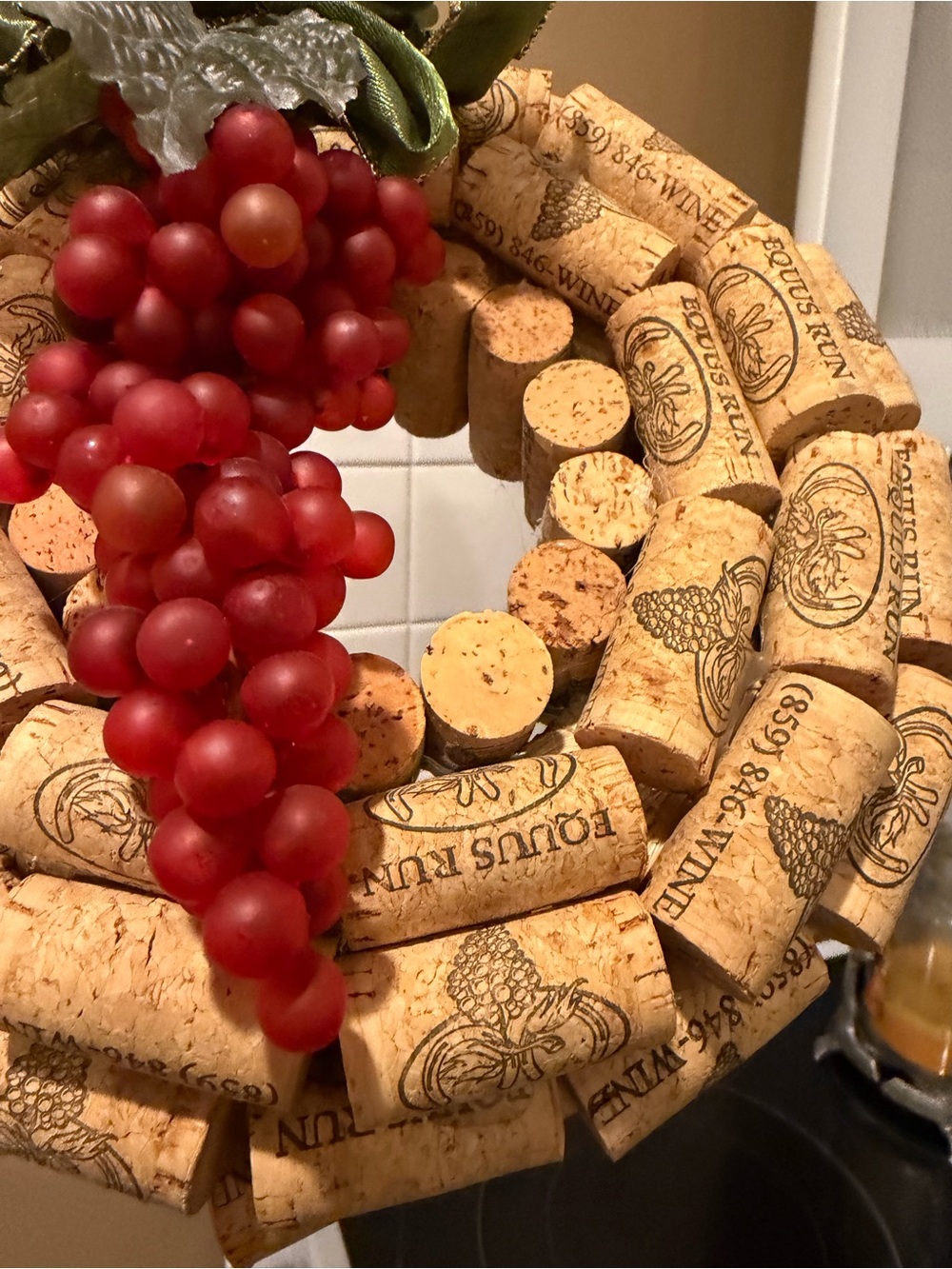 Wine. Handcrafted Wine Cork Wreath with Red Grape Accent.